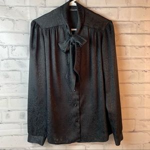 Vintage 80s Pussy Bow Black Tie Neck Long Sleeve Top Size Medium